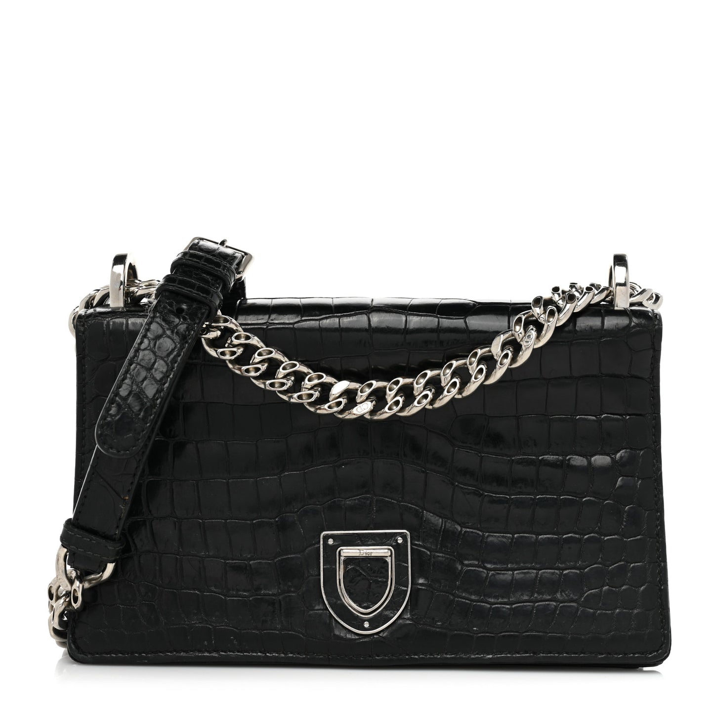 Calfskin Crocodile Embossed Small Diorama Flap Bag Black