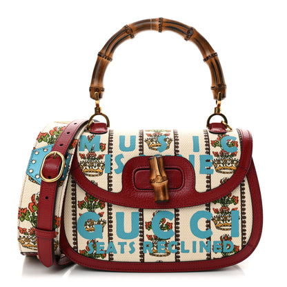 Gucci Canvas Calfskin 100 Centennial Music Medium Bamboo 1947 Top Handle Bag Ivory Red 1 of 10