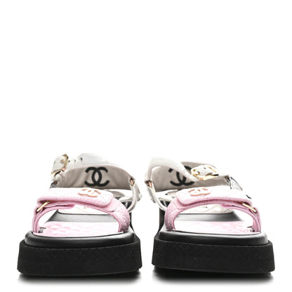 Chanel Lambskin Quilted CC Logo Platform Sandals 38 Black White Pink 3 of 9