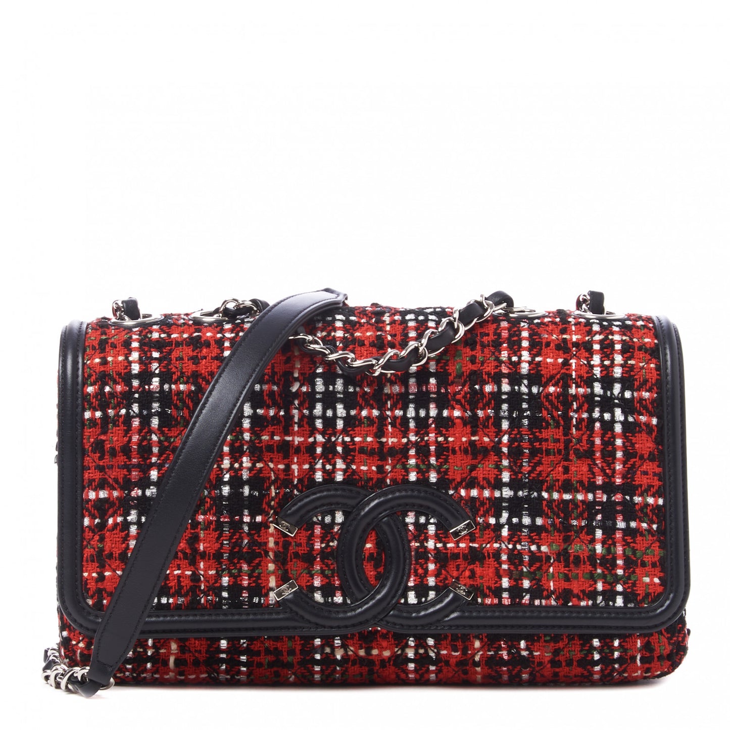Tweed Calfskin Quilted Medium CC Filigree Flap Red Black