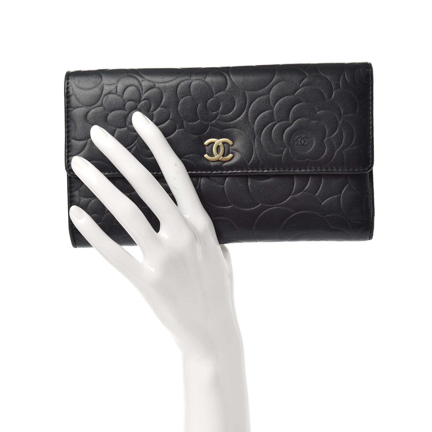 Lambskin Camellia Embossed Large Flap Wallet Black