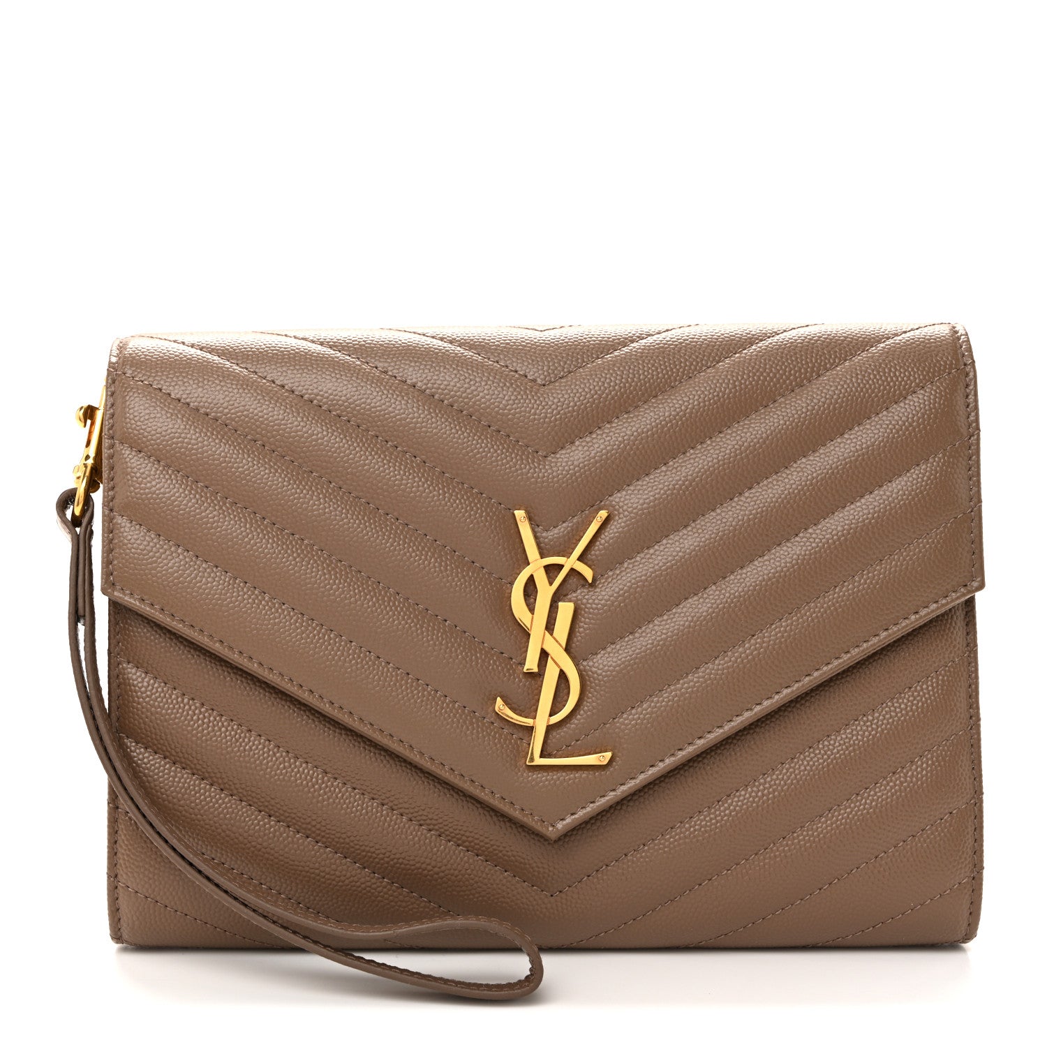 Saint Laurent Grain De Poudre Matelasse Chevron Monogram Cassandre Flap Pouch Taupe 1 of 10