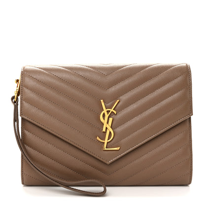Saint Laurent Grain De Poudre Matelasse Chevron Monogram Cassandre Flap Pouch Taupe 1 of 10