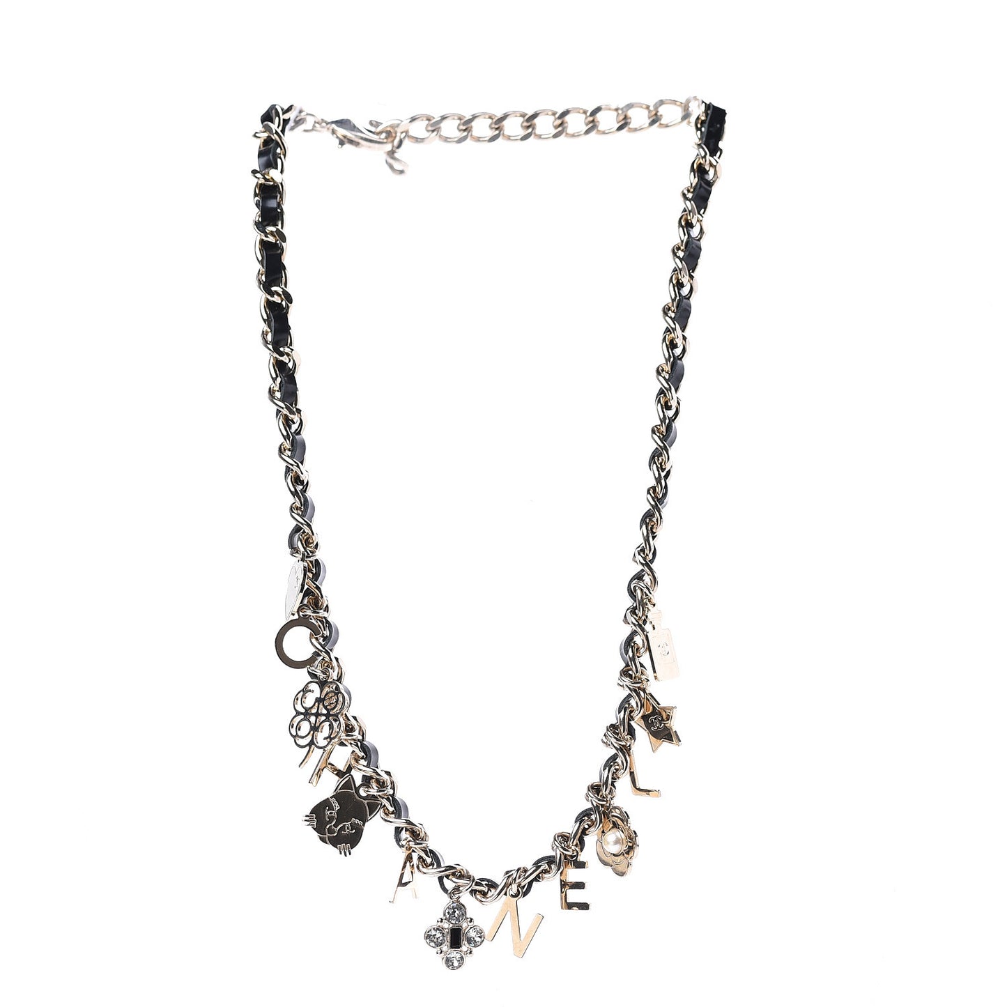 Glazed Calfskin Chain Charm Logo Short Necklace Gold Black