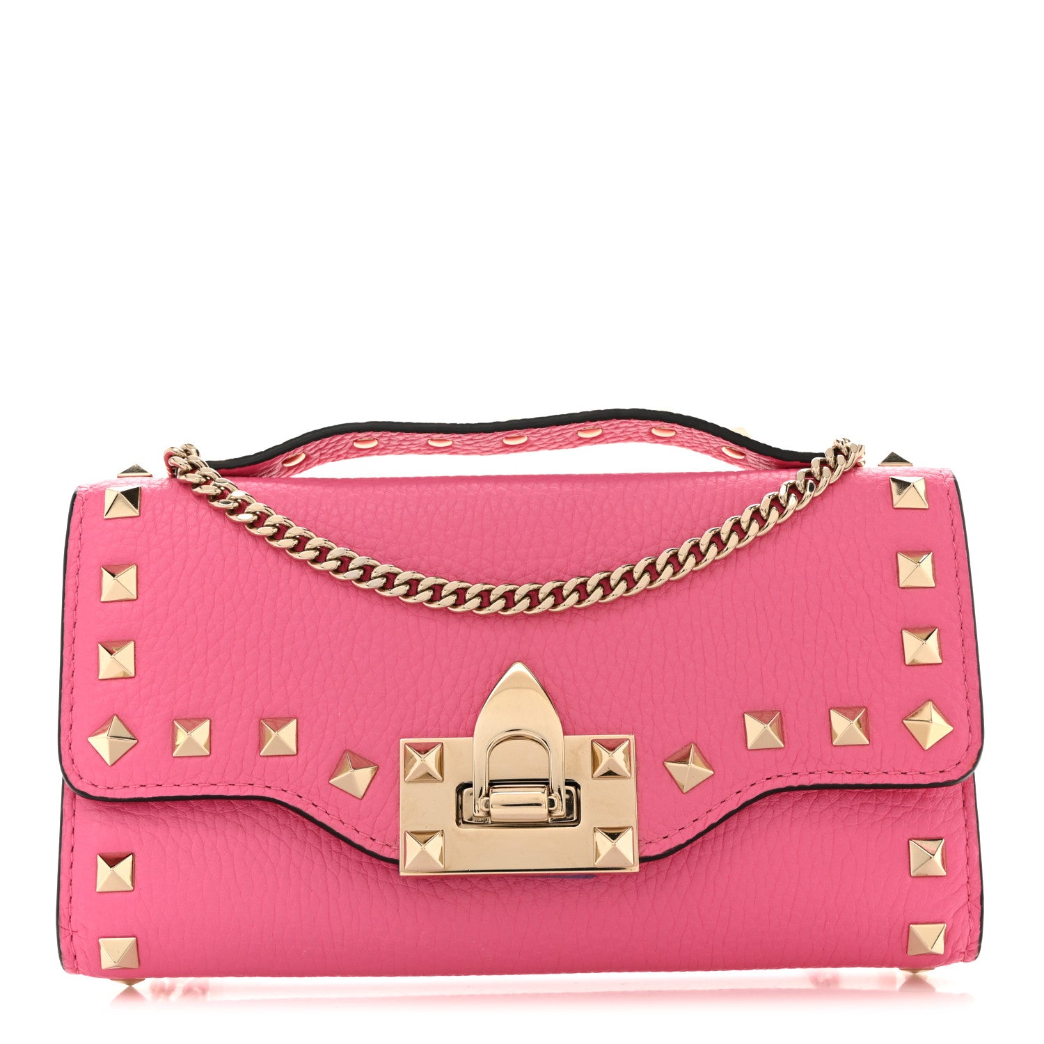 Valentino Garavani Pebbled Calfskin Rockstud Flip Lock Wallet On Chain Feminine Pink 1 of 19
