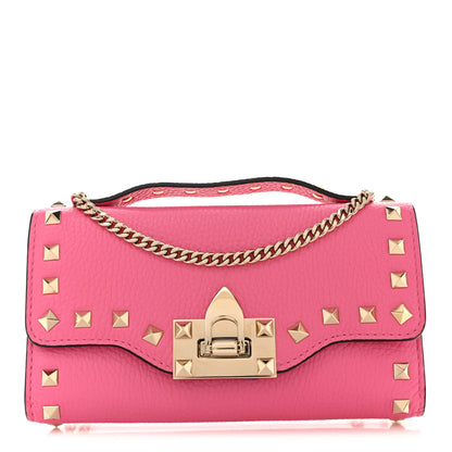 Valentino Garavani Pebbled Calfskin Rockstud Flip Lock Wallet On Chain Feminine Pink 1 of 19