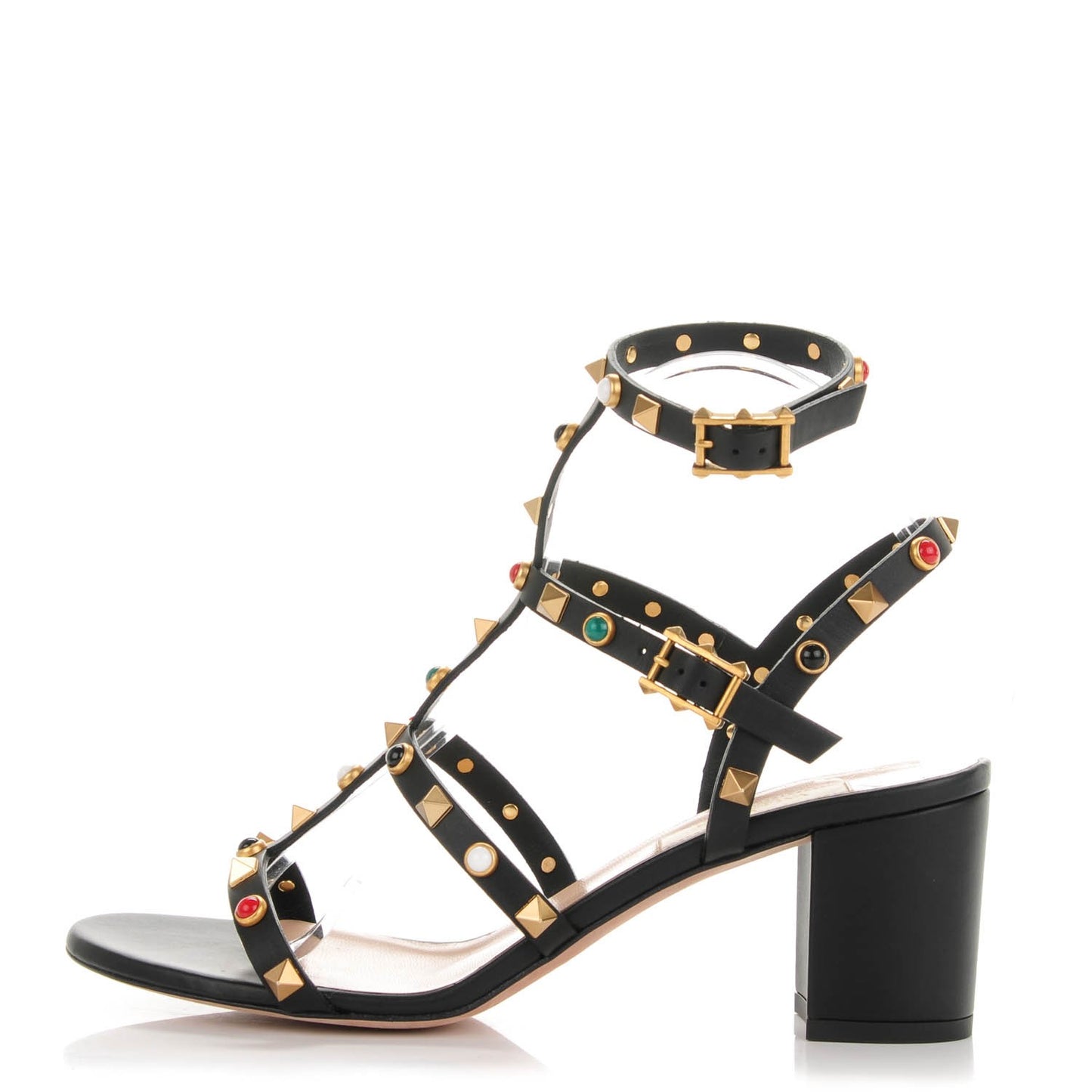 Calfskin Rockstud Rolling Cabochon 60mm City Sandals 38.5 Black