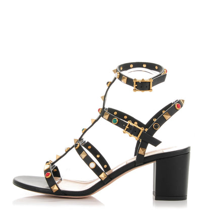 Valentino Garavani Calfskin Rockstud Rolling Cabochon 60mm City Sandals 38.5 Black 1 of 7