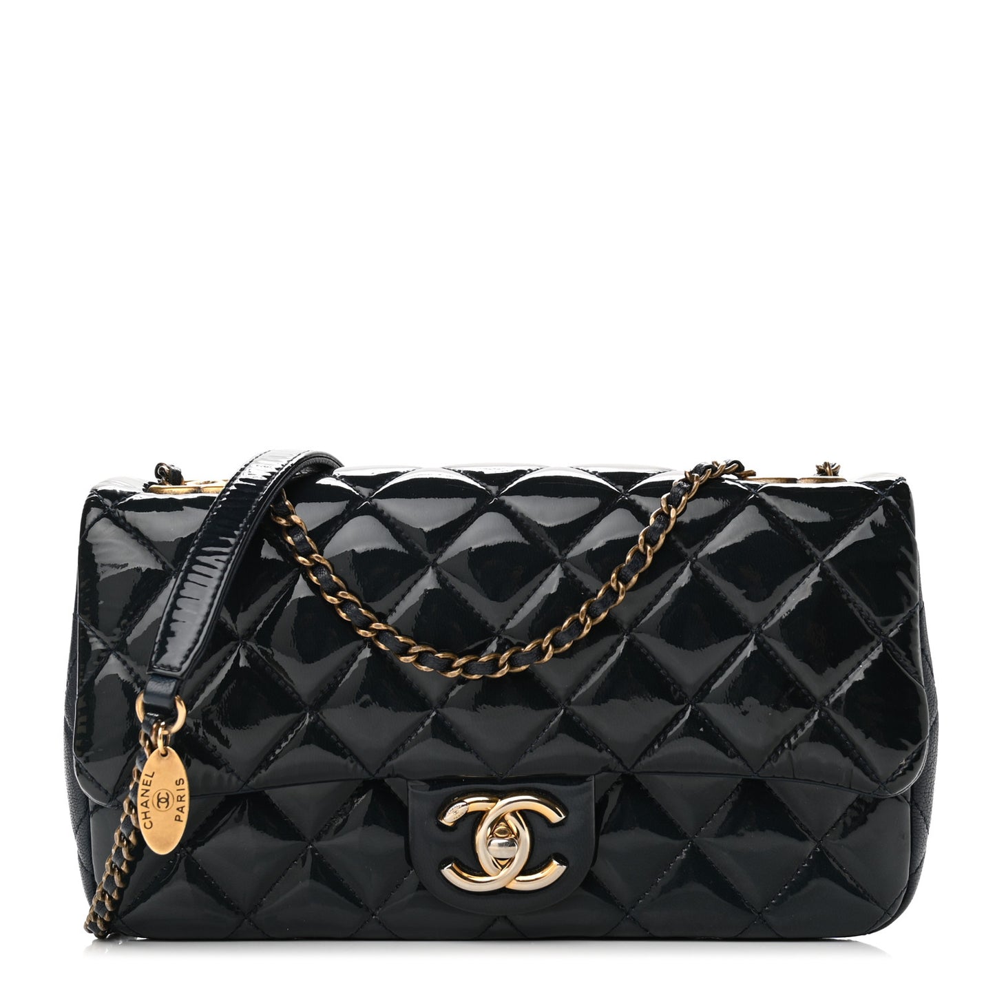 Patent Goatskin Quilted Medium CC Eyelet Flap Blue