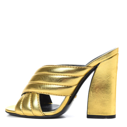 Gucci Metallic Nappa Webby Crossover High Heel Slide Sandals 35.5 Oro Vecchio 1 of 9