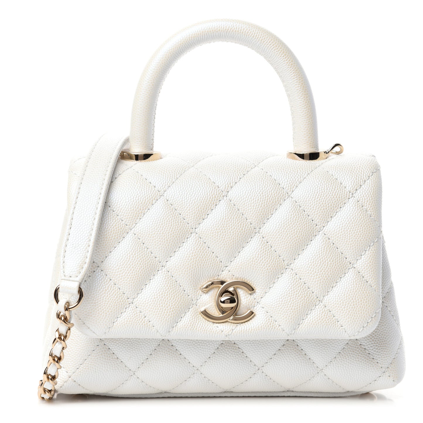 Iridescent Caviar Quilted Extra Mini Coco Handle Flap White