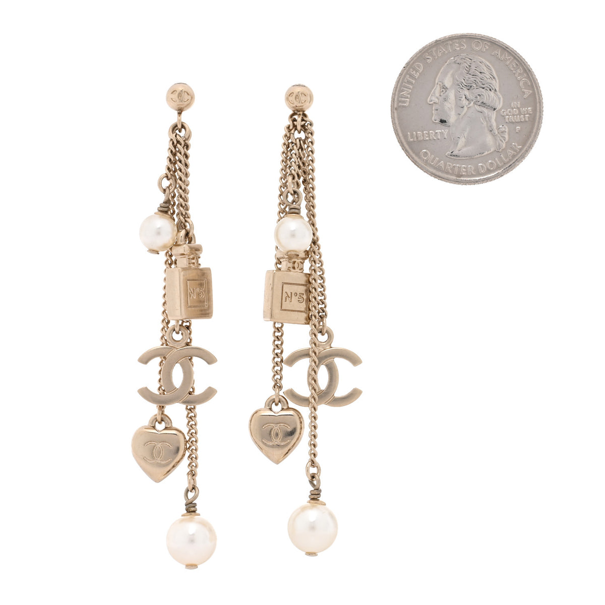 Metal Pearl Chain Charm Drop Earrings Gold