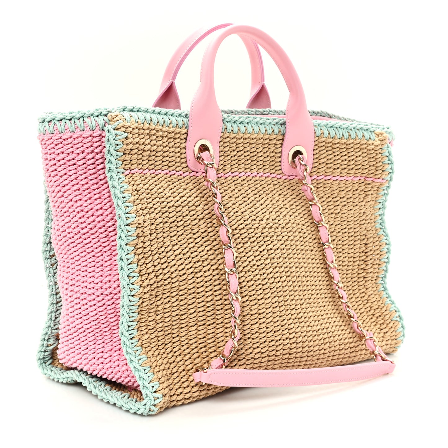 Chanel Raffia Crochet Medium Deauville Tote Beige Light Pink Green
