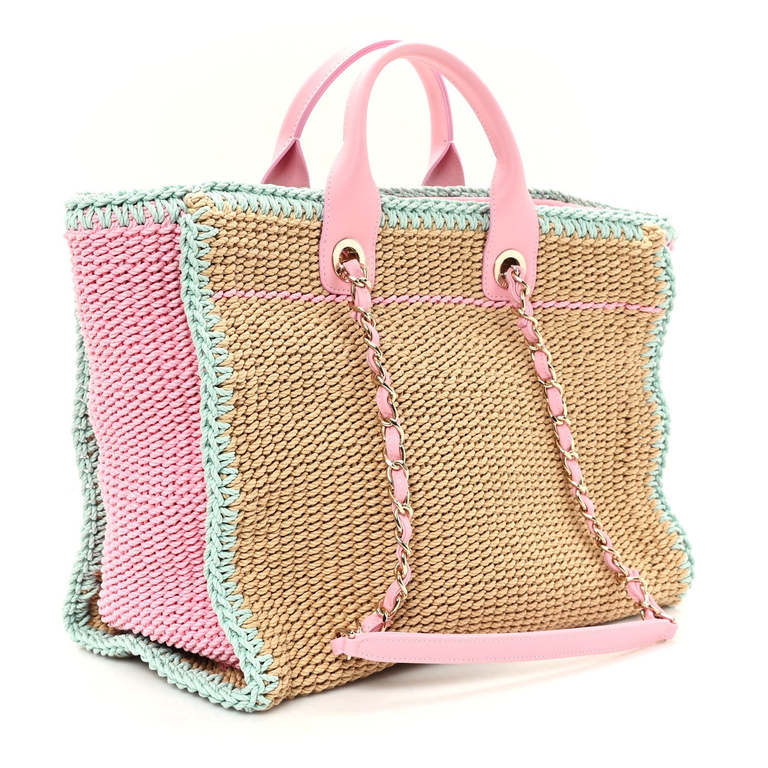 Chanel Raffia Crochet Medium Deauville Tote Beige Light Pink Green 4 of 11
