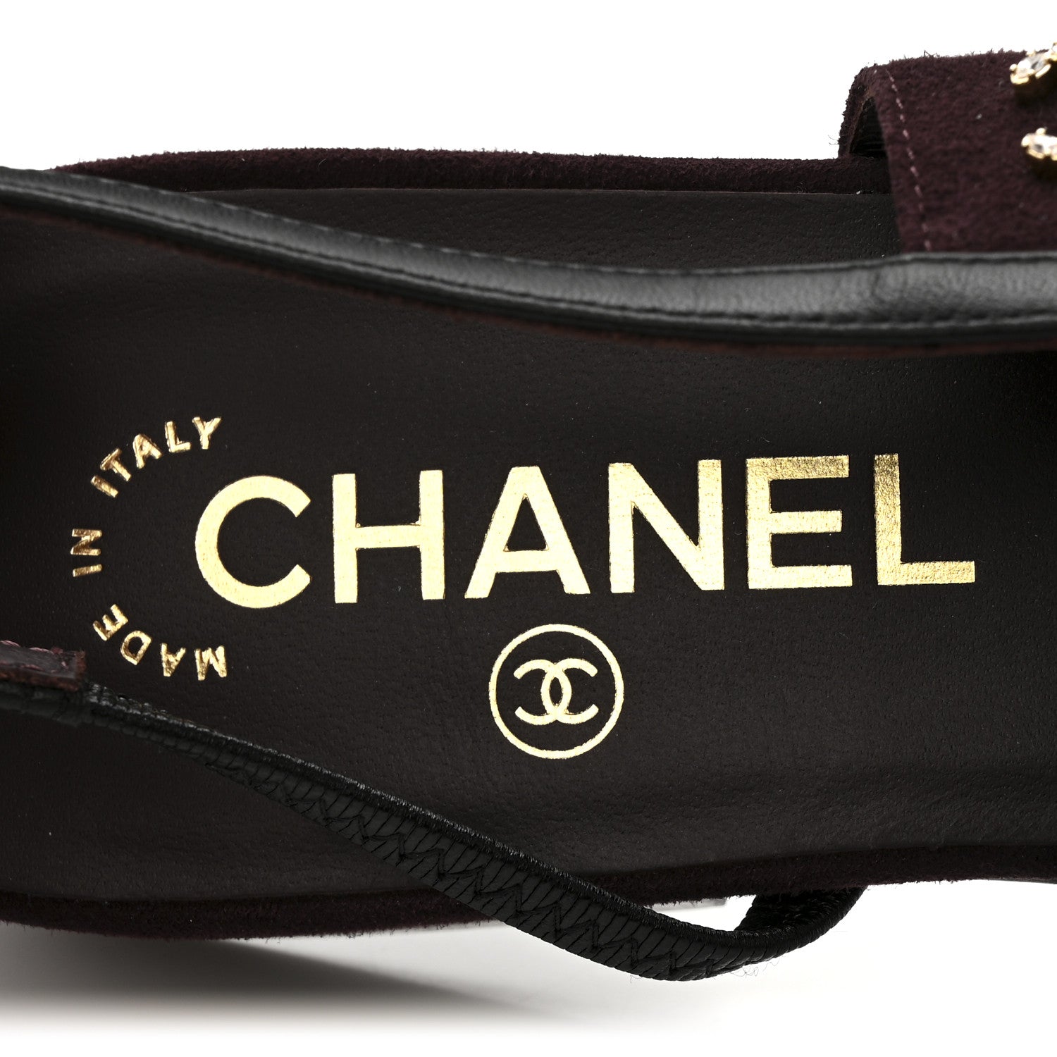 Chanel Suede Patent Crystal CC Cap Toe Slingback Flats 39.5 Burgundy Black 8 of 13
