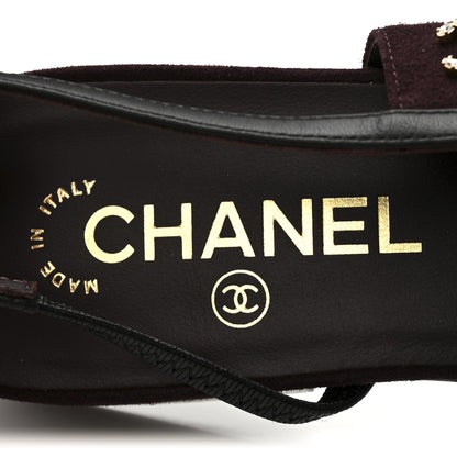 Chanel Suede Patent Crystal CC Cap Toe Slingback Flats 39.5 Burgundy Black 8 of 13