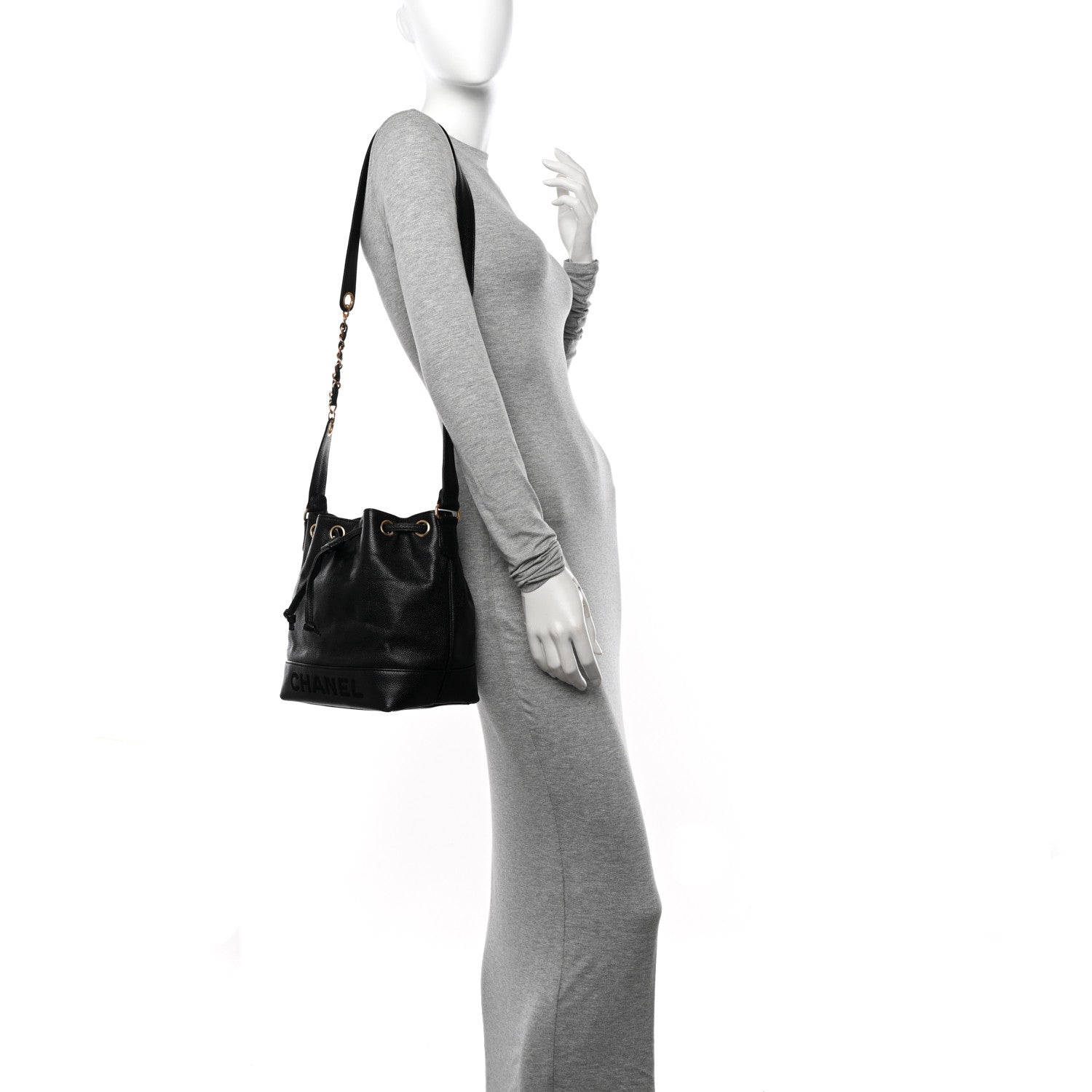 Chanel Caviar Logo Drawstring Bucket Bag Black 2 of 11