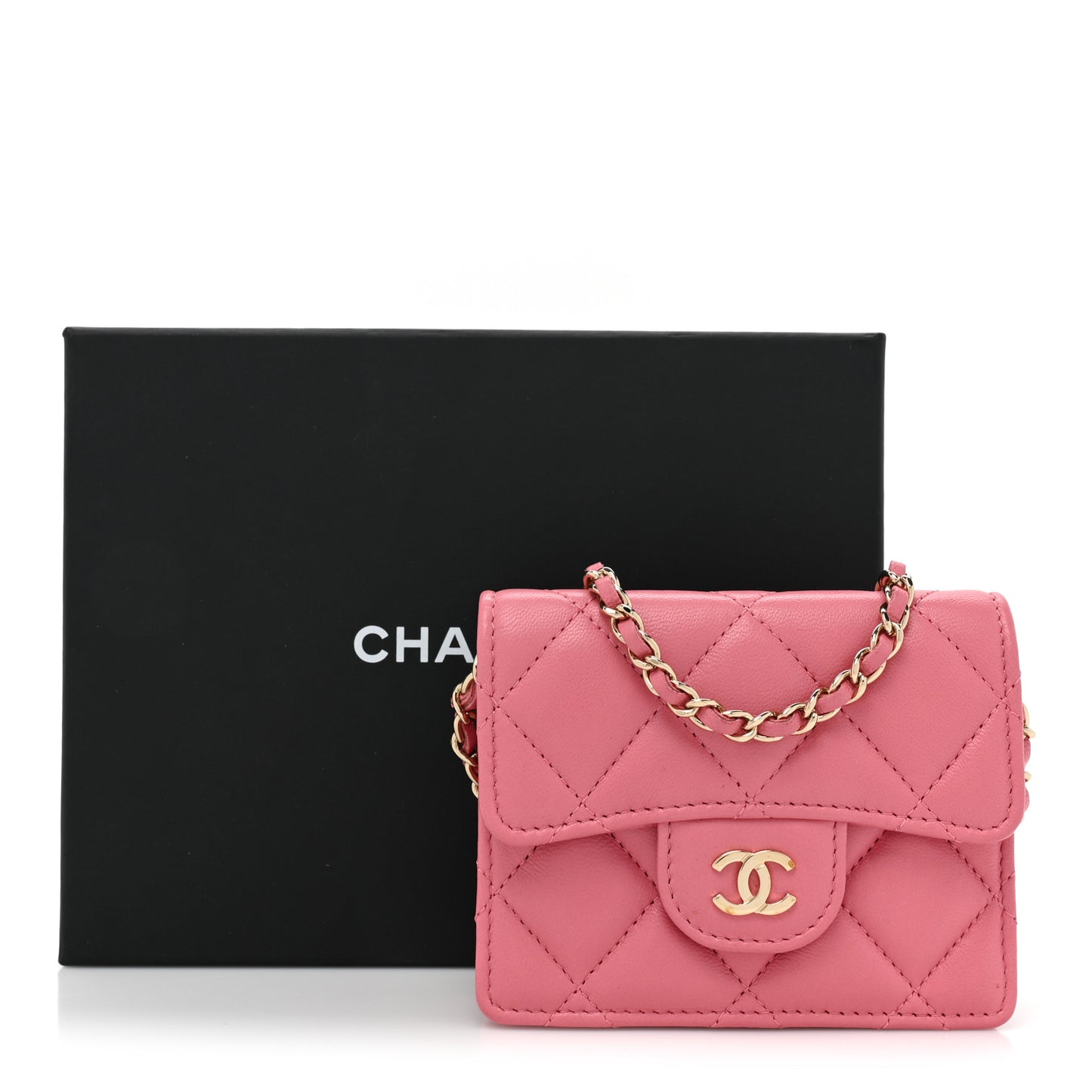 Lambskin Quilted Flap Card Holder On Chain Pink