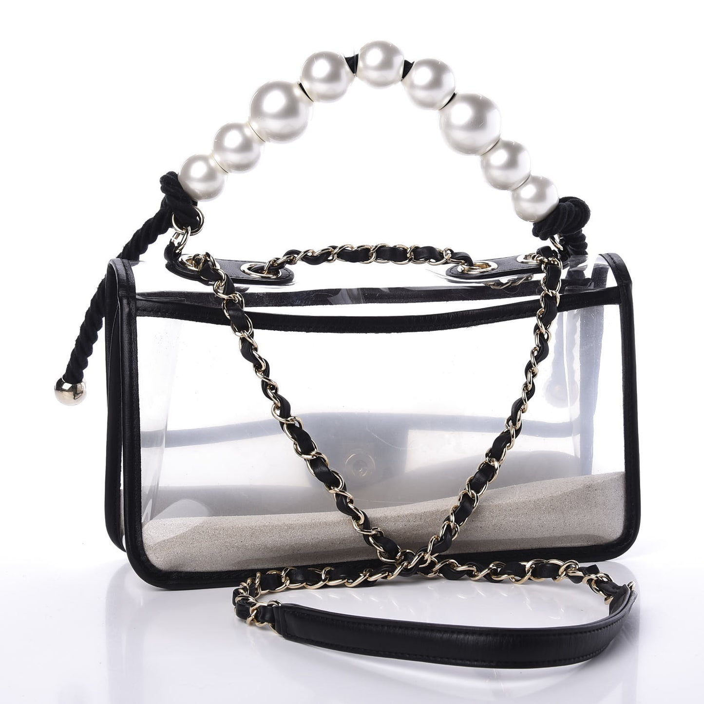 Lambskin PVC Sand By The Sea Flap With Pearl Strap Black