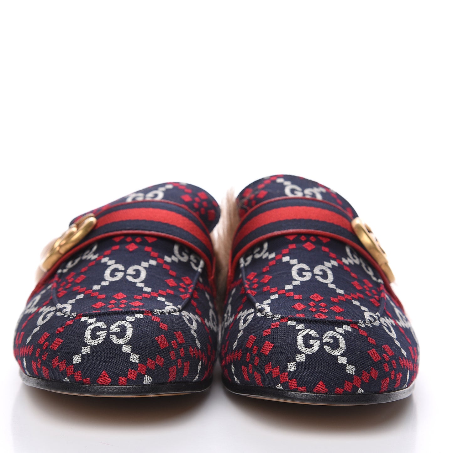 Canvas GG Monogram Diamond Fur Web GG Mens Princetown Slippers 9 Midnight Blue Hibiscus Red