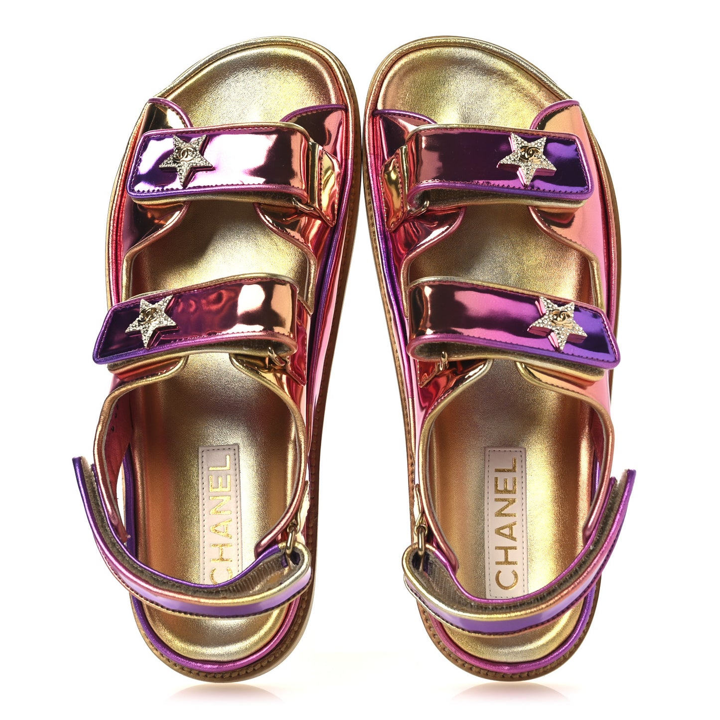 Metallic Laminated Calfskin Crystal Star CC Velcro Dad Sandals 39.5 Pink Orange Yellow