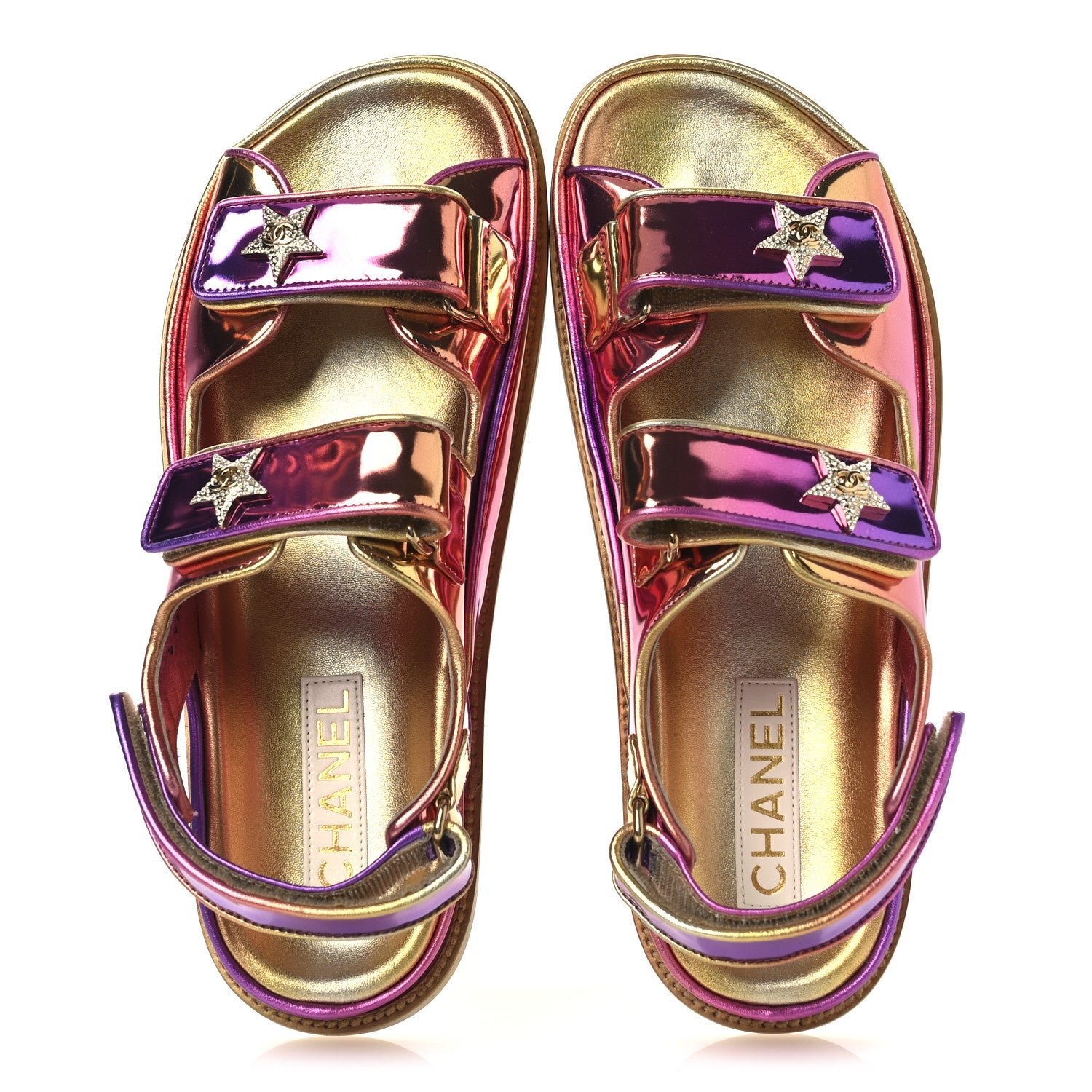 Chanel Metallic Laminated Calfskin Crystal Star CC Velcro Dad Sandals 39.5 Pink Orange Yellow 2 of 13