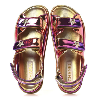 Chanel Metallic Laminated Calfskin Crystal Star CC Velcro Dad Sandals 39.5 Pink Orange Yellow 2 of 13
