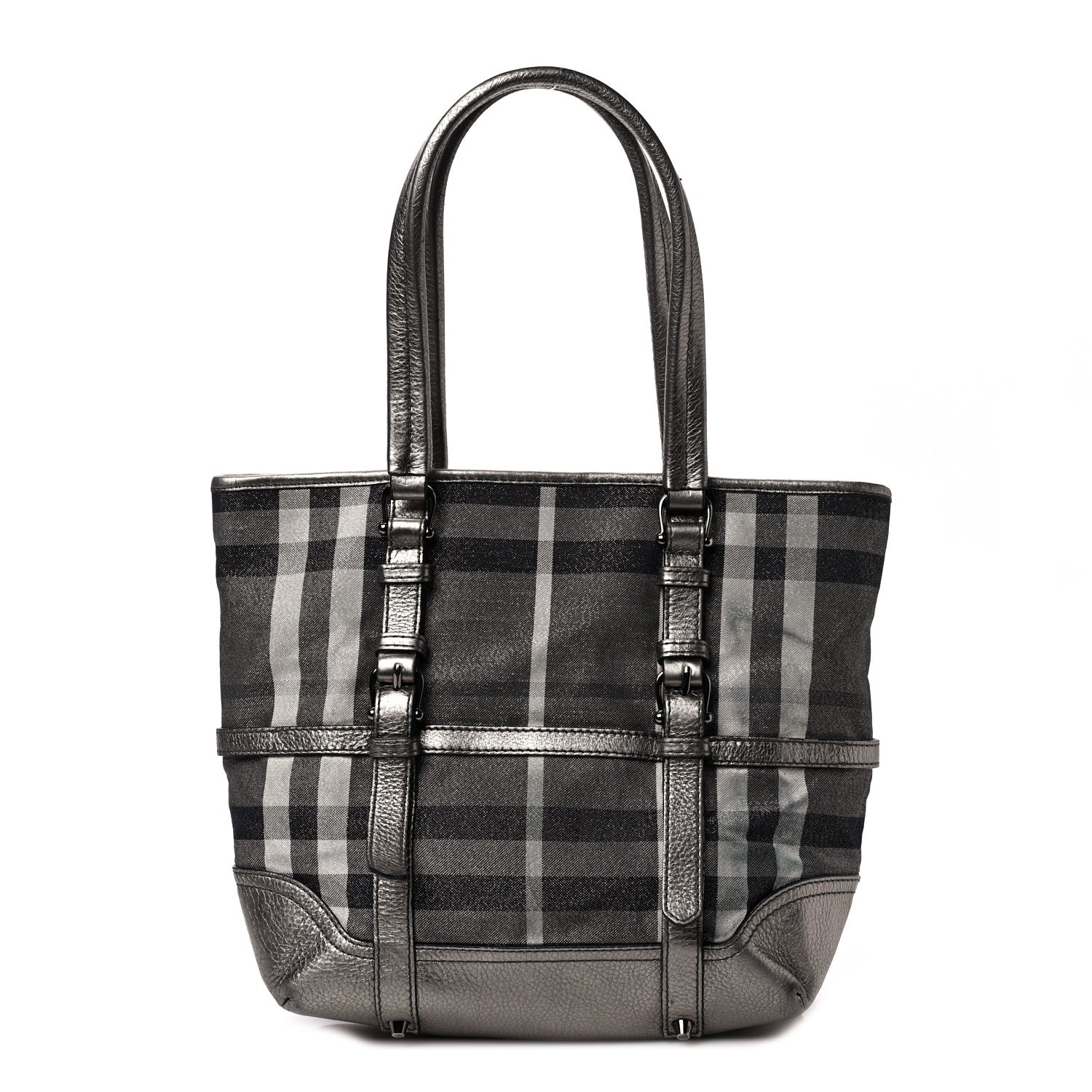 Burberry Metallic Calfskin House Check Tote Pewter 1 of 9