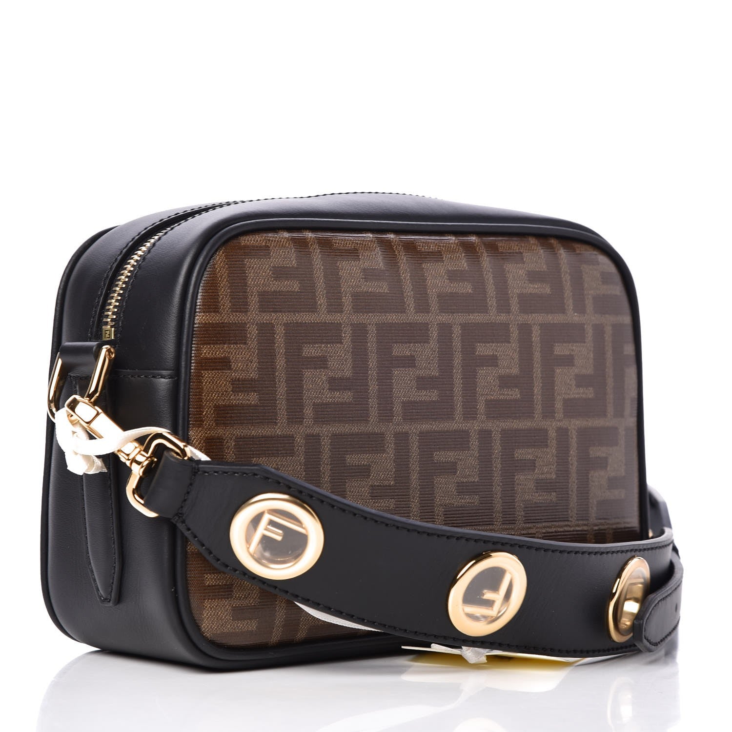 Fendi Glazed Fabric Vitello Century F is Fendi FF 1974 Stamp Patch Camera Case Mogano Panna Black 3 of 7