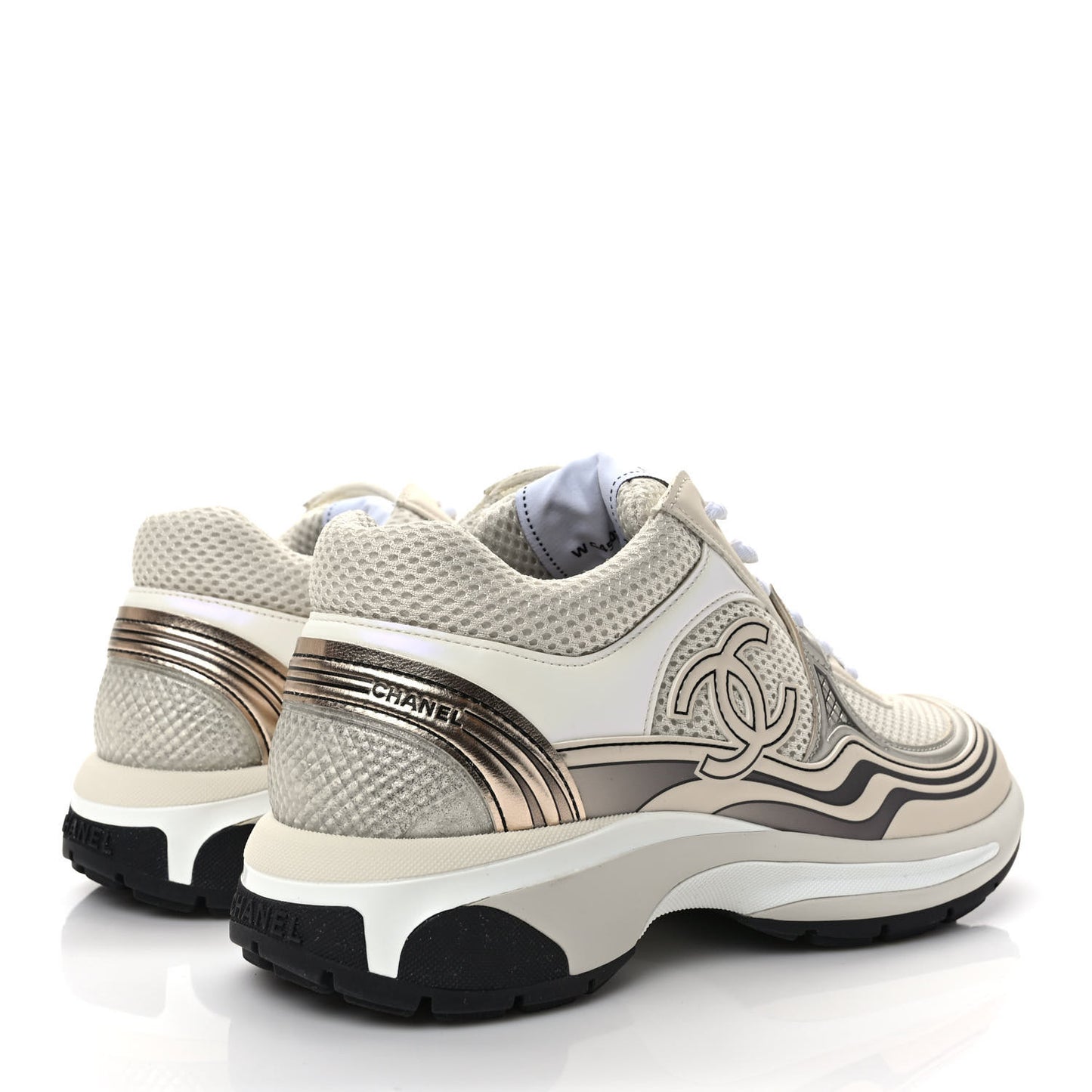 Fabric Laminated Calfskin Stretch CC Womens Sneakers 37 White Gold Silver