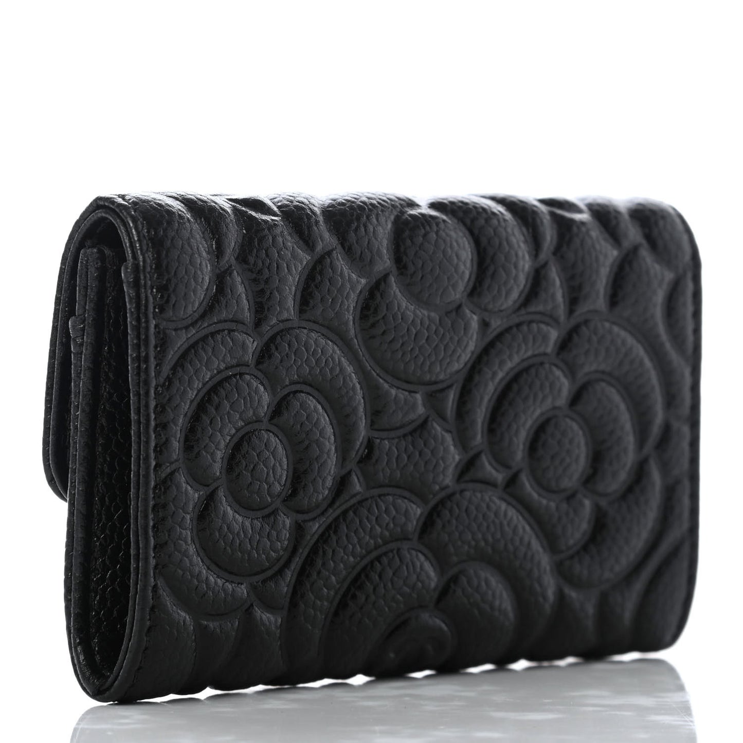 Caviar Camellia Embossed Card Holder Wallet Black