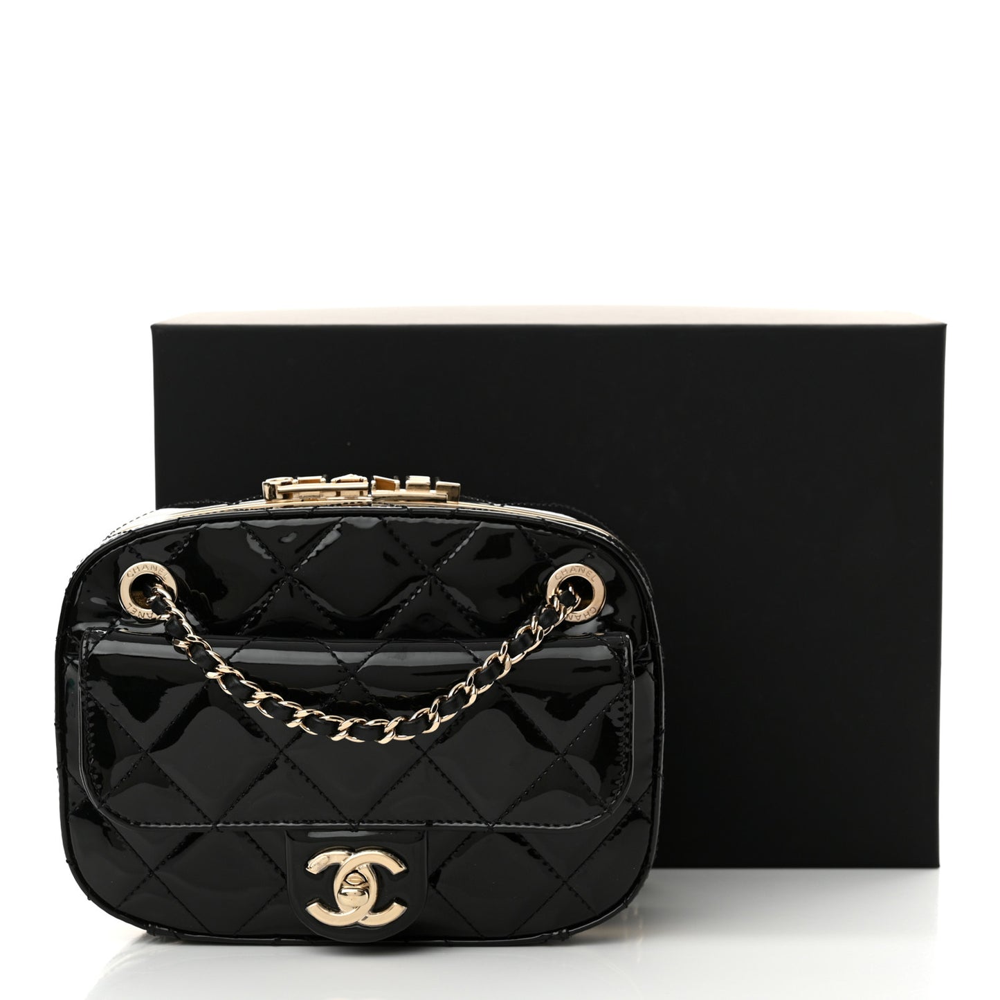 Patent Calfskin Quilted Mini Camera Case Black