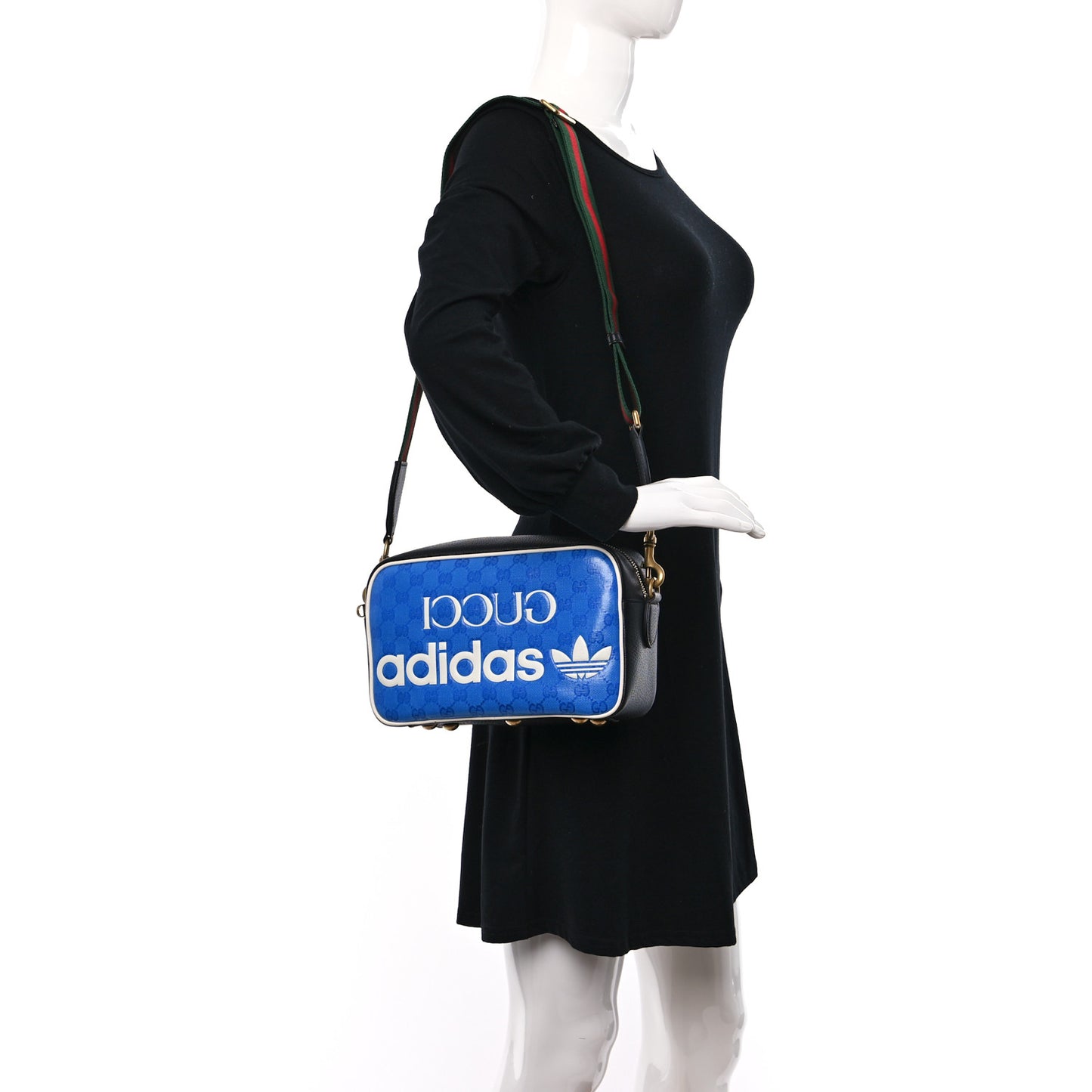 X ADIDAS Crystal Vintage Monogram Textured Dollar Calfskin Web Trefoil Logo Small Messenger Bag Bright Splash Off White Black