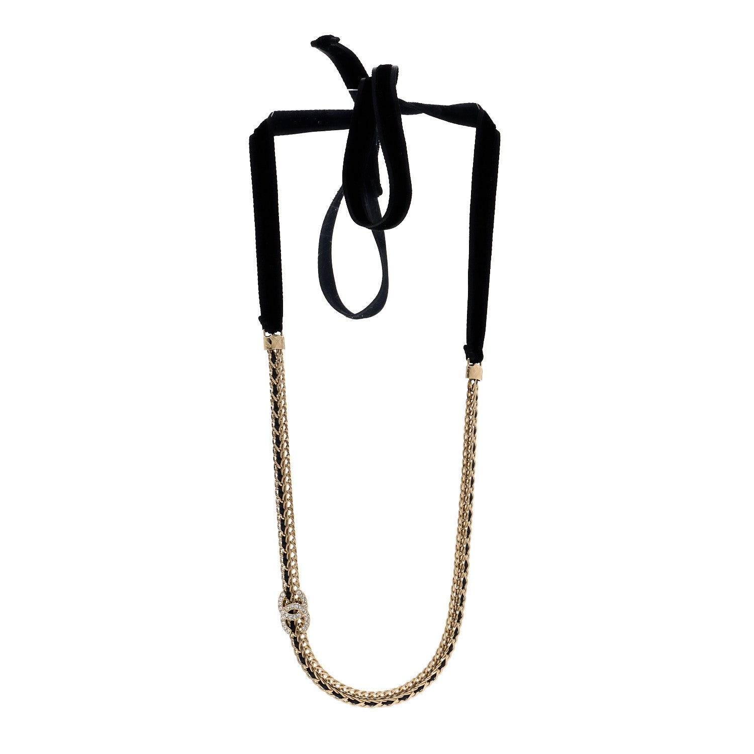 Chanel Metal Lambskin Crystal CC Chain Tie Headband Gold Black 3 of 5