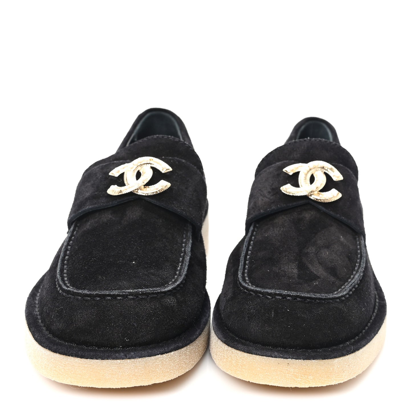 Suede Calfskin Pearl CC Moccasin Loafers 38.5 Black