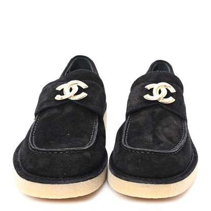 Chanel Suede Calfskin Pearl CC Moccasin Loafers 38.5 Black 3 of 10