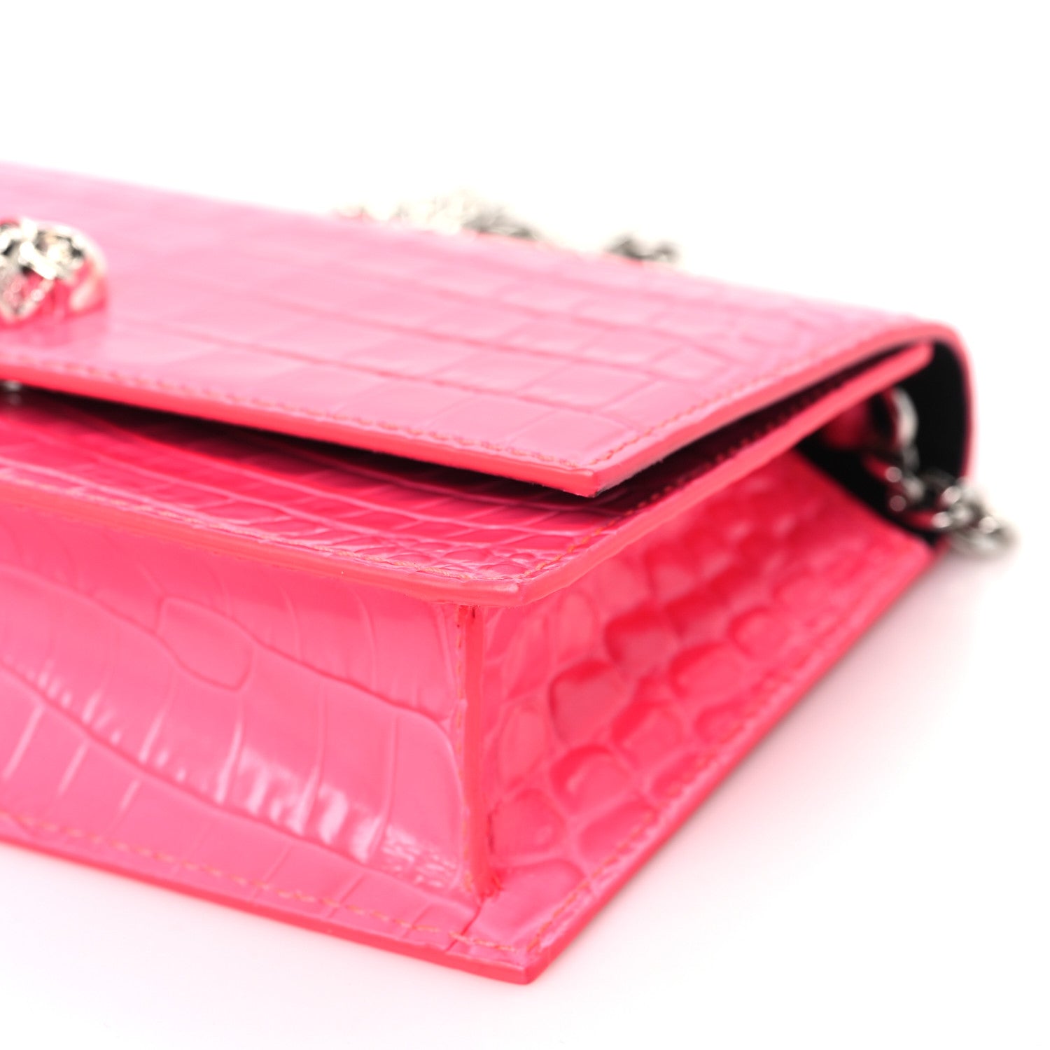 Alexander McQueen Calfskin Crocodile Embossed Skull Mini Crossbody Bag Neon Pink 9 of 10