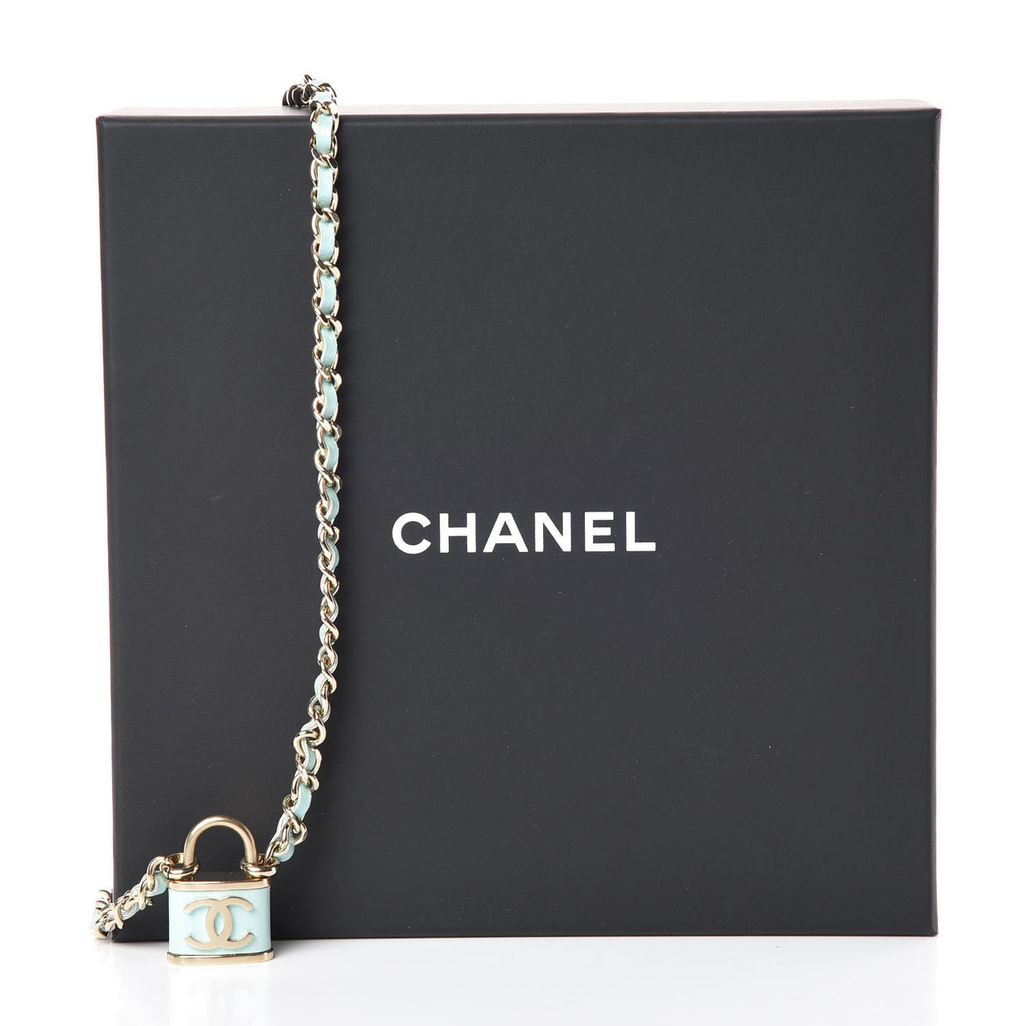 Calfskin Metal Padlock Necklace Gold Iridescent Blue