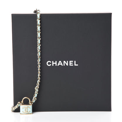 Chanel Calfskin Metal Padlock Necklace Gold Iridescent Blue 5 of 5