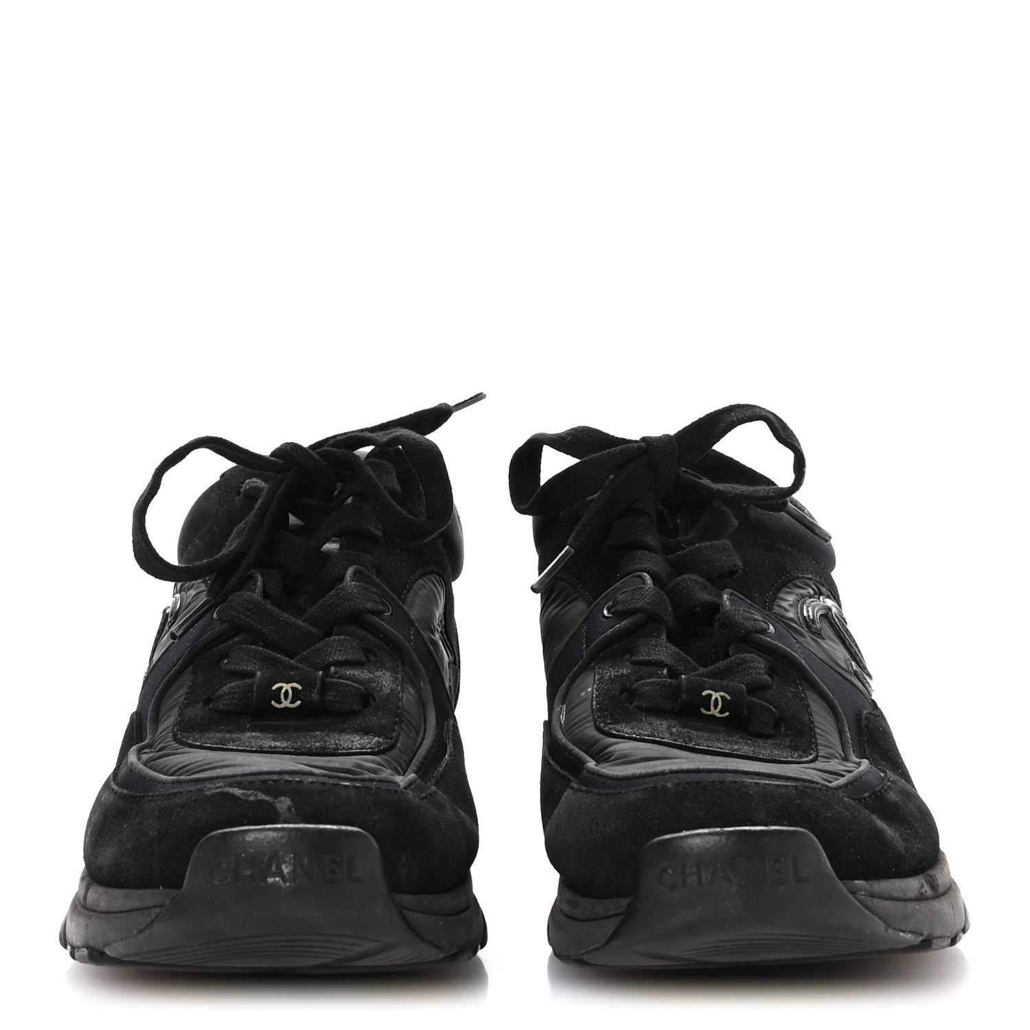 Chanel Fabric Calfskin Suede CC Sneakers 36.5 Black 3 of 8