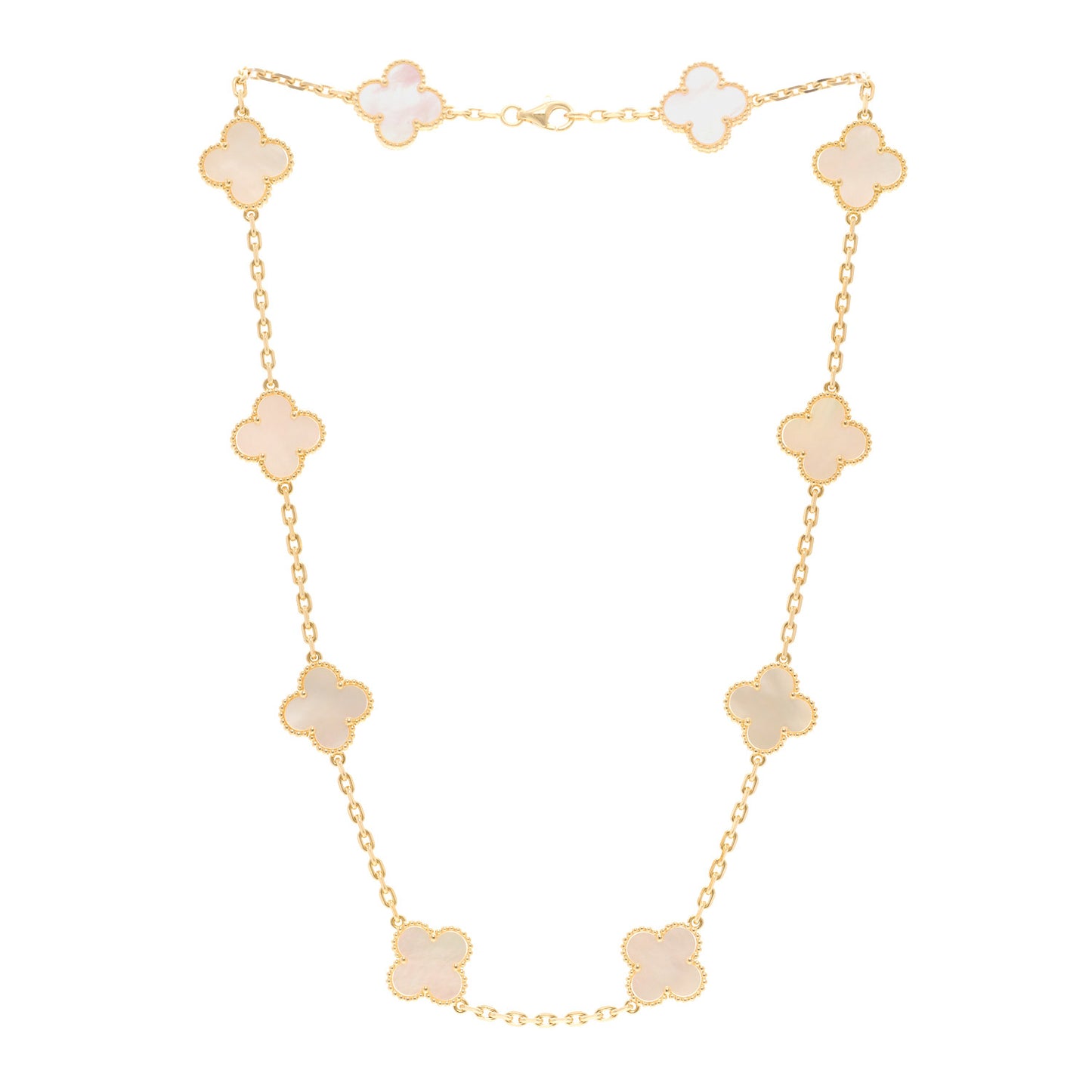 18K Yellow Gold Mother of Pearl 10 Motifs Vintage Alhambra Necklace