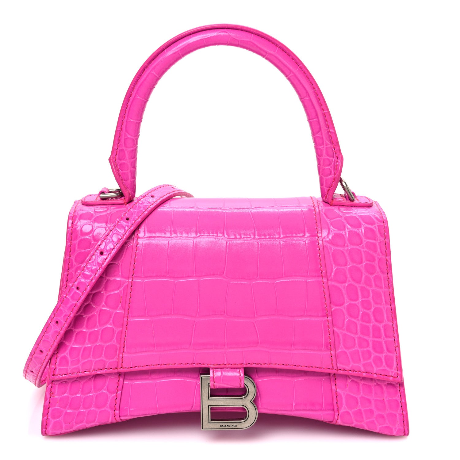 Balenciaga Shiny Calfskin Crocodile Embossed Small Hourglass Top Handle Bag Fuchsia 1 of 12