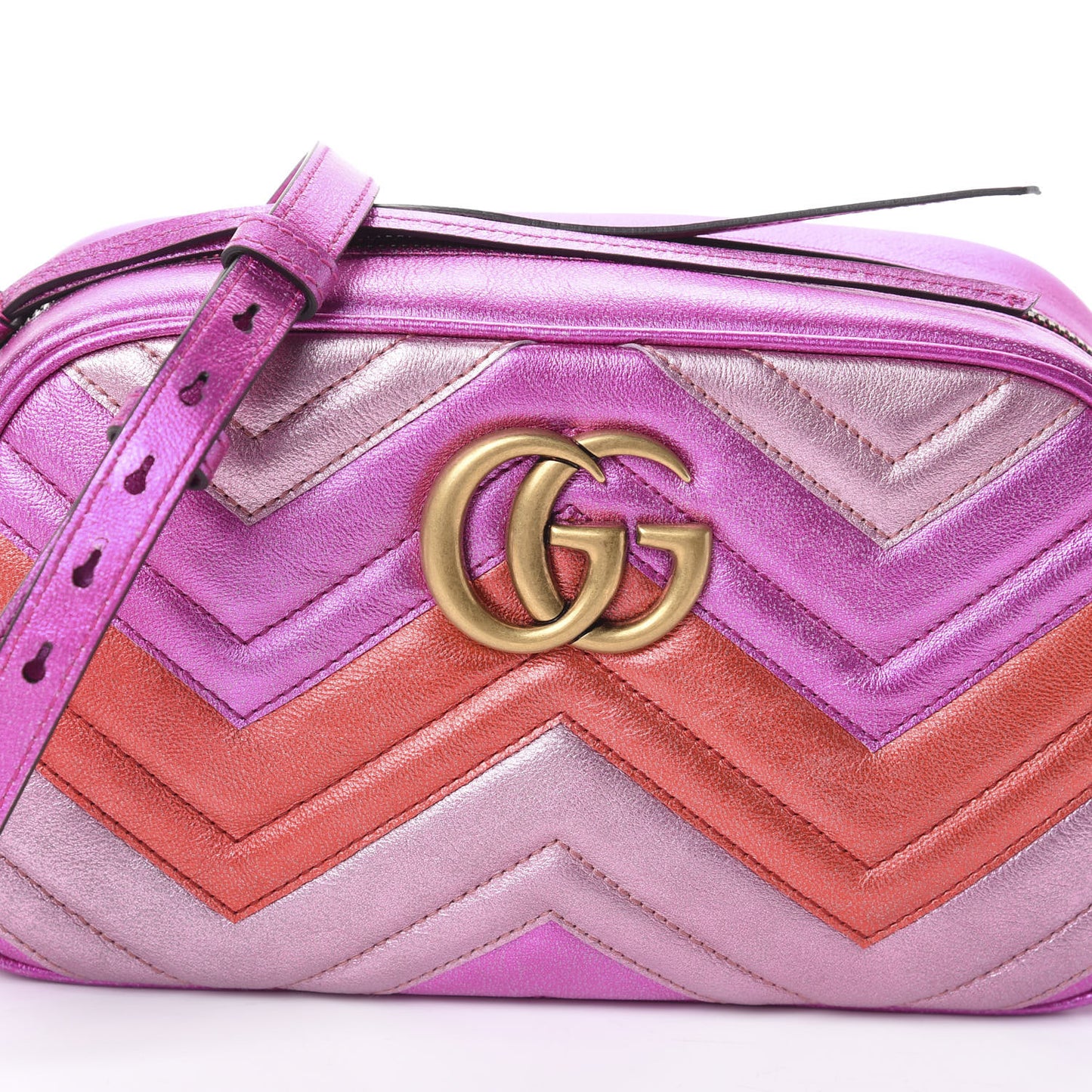 Laminated Nappa Matelasse Small GG Marmont Chain Shoulder Bag Fuxia Rosso Rosa