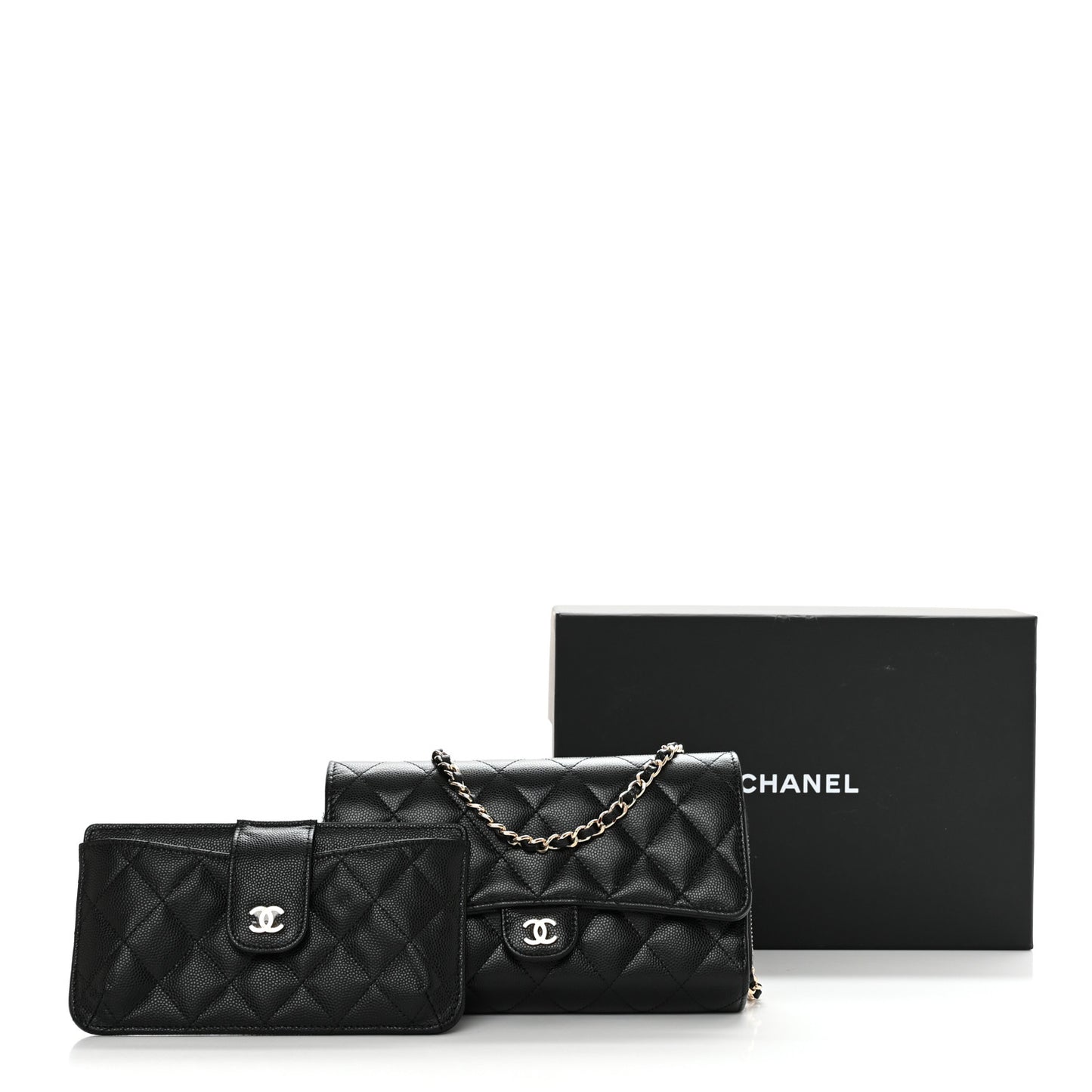 Caviar Quilted Phone Holder Wallet on Removable Chain Black