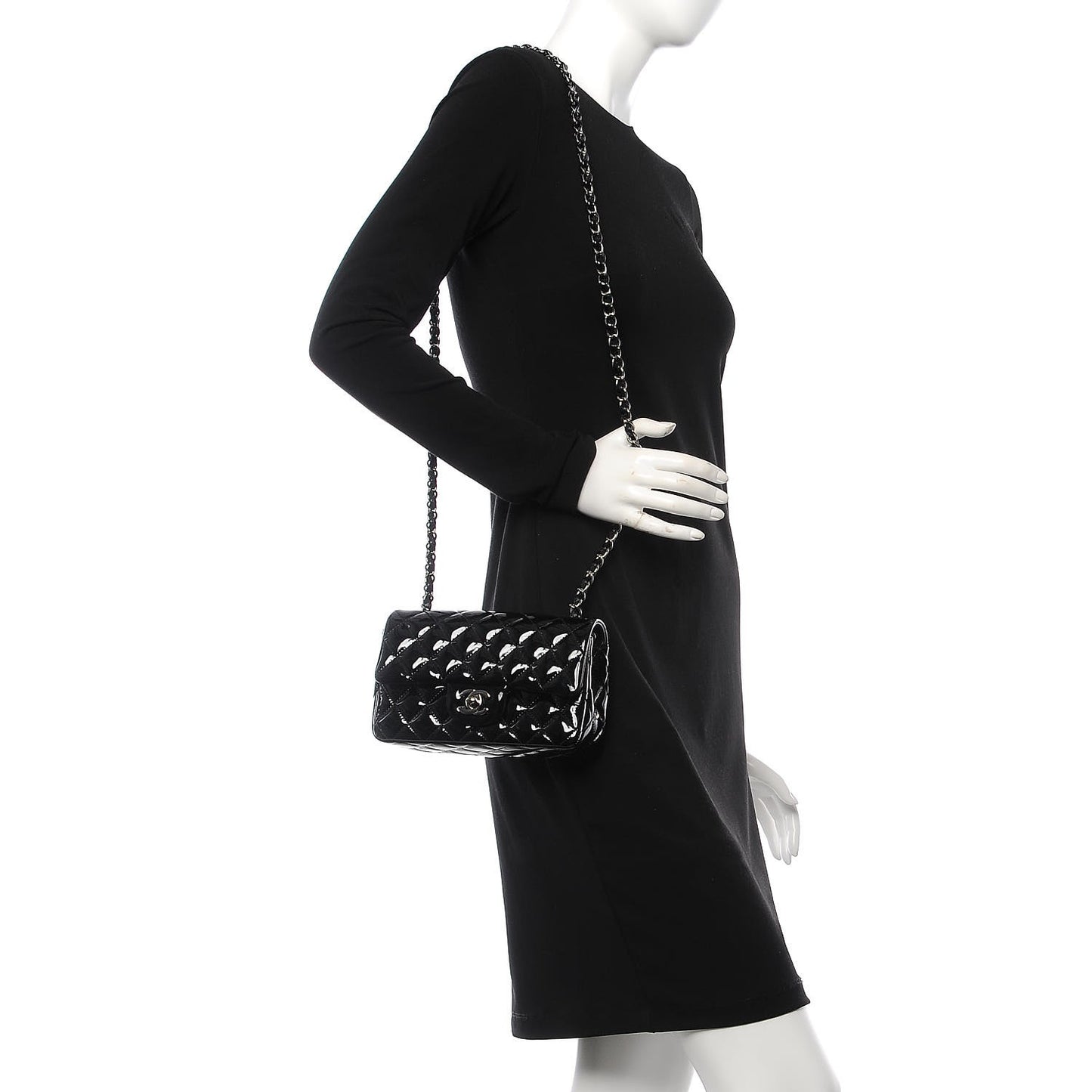 Patent Calfskin Quilted Mini Rectangular Flap Black