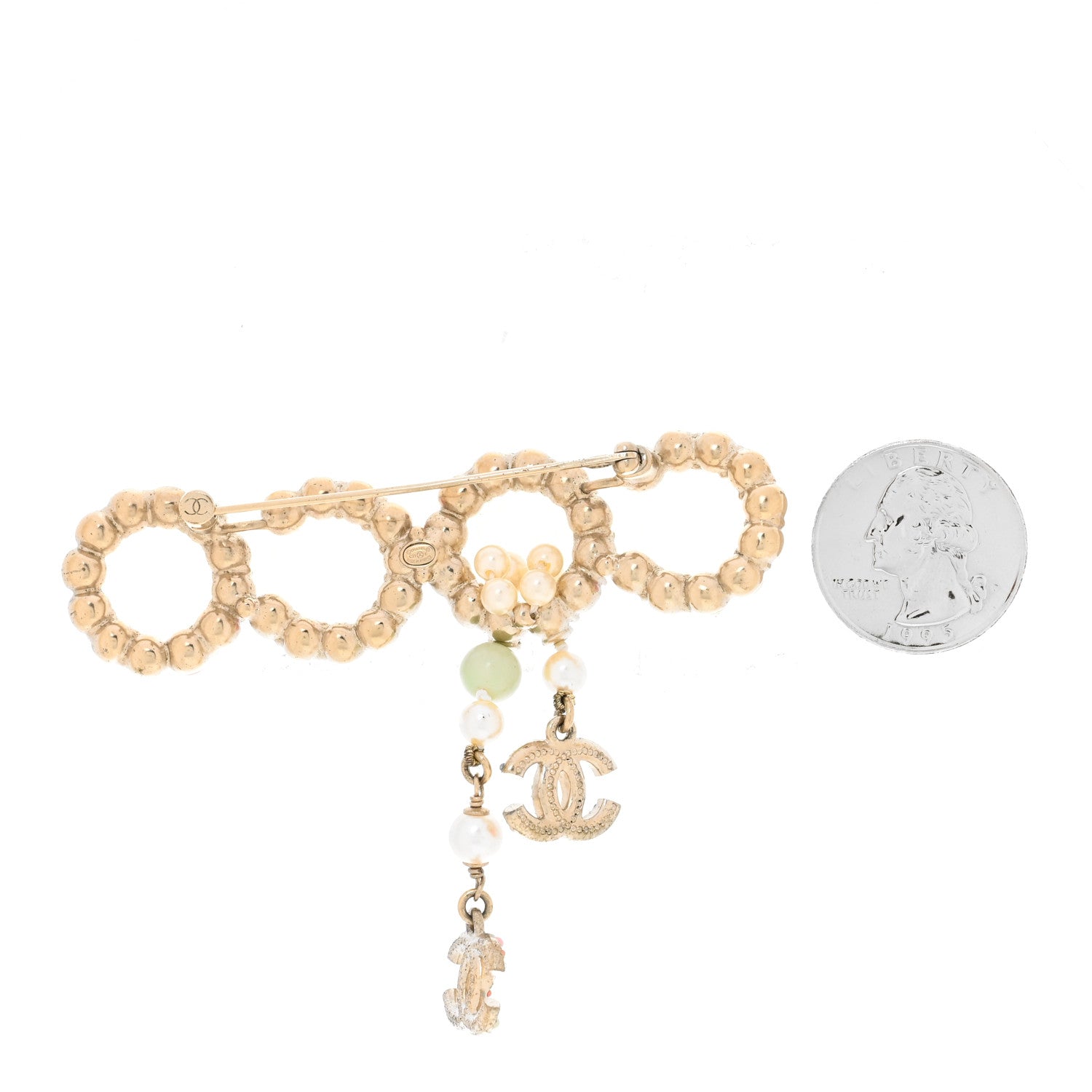 Chanel Resin Pearl Crystal Coco Dangling Brooch Gold 2 of 3