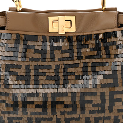 Fendi Vitello Catalan Mirror Sequin FF 1974 Embroidered Mini Peekaboo Iconic Satchel Tobacco Moro Sand Black 7 of 11
