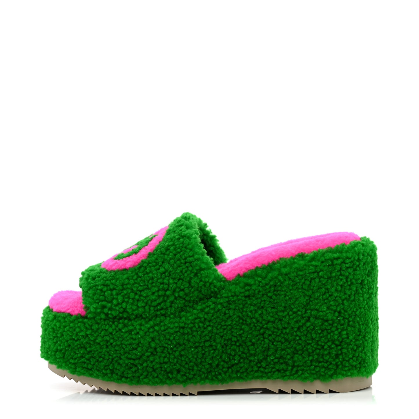 Shearling Interlocking G Womens Elea Platform Slide Wedge Sandals 38.5 Green Fluo Fuxia Fluo