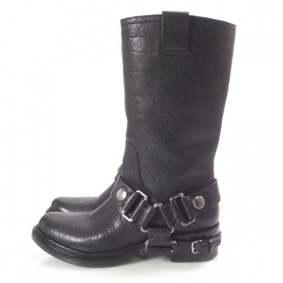 Leather Buckle-Harness Motorcycle Boots 36 Black