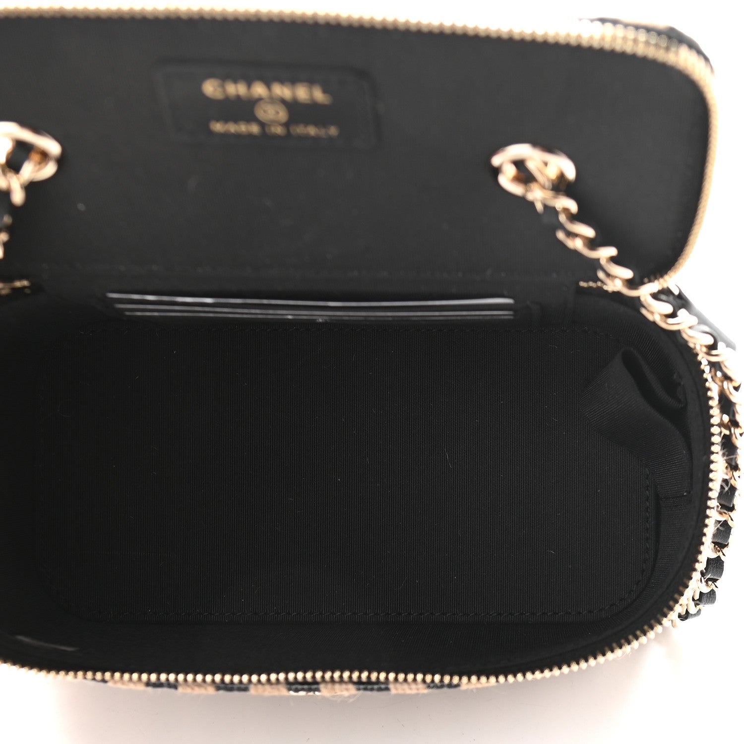 Chanel Raffia Jute Striped Small Vanity Case With Chain Black Beige 5 of 9